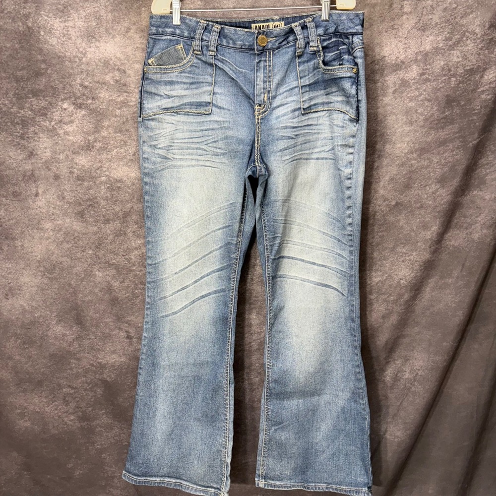 Y2K Zana-Di Bootcut Jeans Womens Size 16 Light Wash Embroidered Pockets Grunge